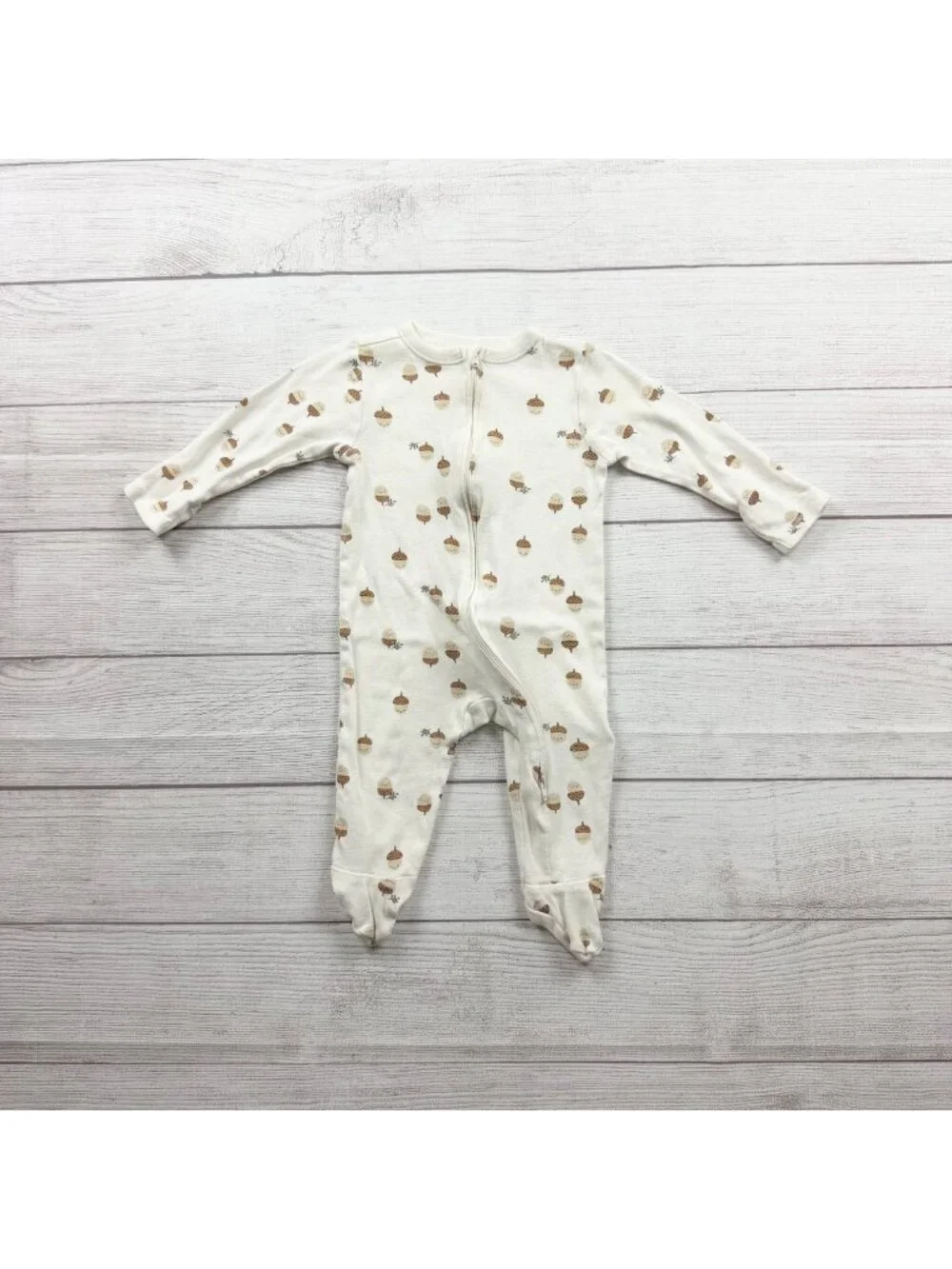 Old Navy Footed Sleeper Acorn Print Cream 2-Way Zipper Long Sleeve 6-9 Months